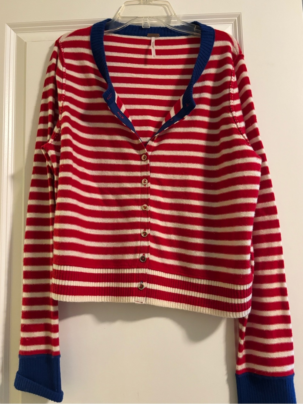 Free People Red and Cream Striped Button-Front Cardigan with Blue Trim